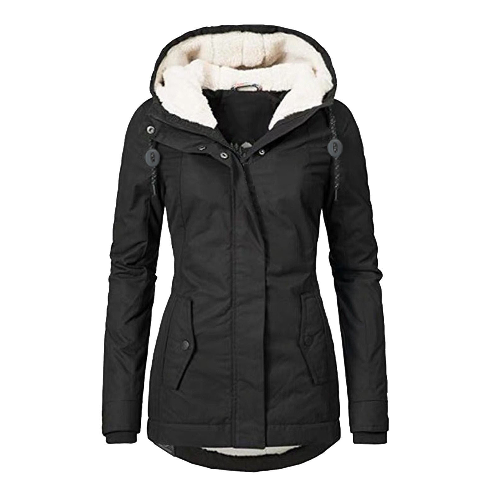 Winter Hooded Jacket Solid Color Warm Buckle Zip-up Fleece Jacket With Pockets Women's Casual Jacket